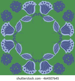 Circular pattern of floral motifs, doodles,  object,leaves, flowers, spirals, stripes,ellipses, bell, spot. Hand drawn.