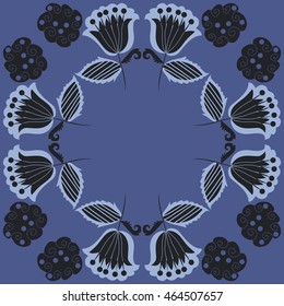 Circular pattern of floral motifs, doodles,  object,leaves, flowers, spirals, stripes,ellipses, bell, spot. Hand drawn.