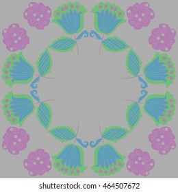 Circular pattern of floral motifs, doodles,  object,leaves, flowers, spirals, stripes,ellipses, bell, spot. Hand drawn.