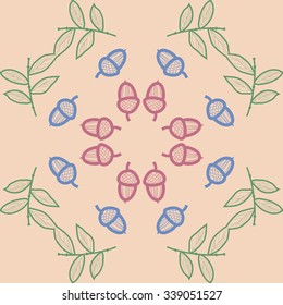 Circular   pattern  of floral  motifs, doodles,twigs,  leaves,acorns, waves. Hand drawn.