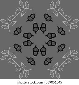 Circular   pattern  of floral  motifs, doodles,twigs,  leaves,acorns, waves. Hand drawn.