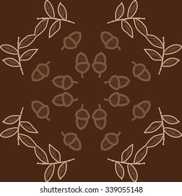 Circular   pattern  of floral  motifs, doodles,twigs,  leaves,acorns, waves. Hand drawn.