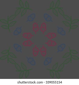 Circular   pattern  of floral  motifs, doodles,twigs,  leaves,acorns, waves. Hand drawn.