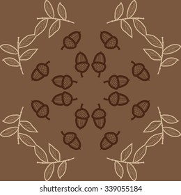 Circular   pattern  of floral  motifs, doodles,twigs,  leaves,acorns, waves. Hand drawn.