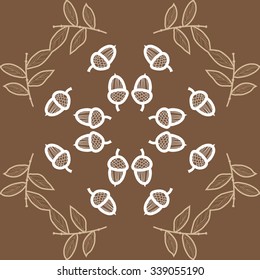 Circular   pattern  of floral  motifs, doodles,twigs,  leaves,acorns, waves. Hand drawn.