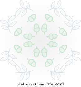Circular   pattern  of floral  motifs, doodles,twigs,  leaves,acorns, waves. Hand drawn.
