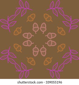Circular   pattern  of floral  motifs, doodles,twigs,  leaves,acorns, waves. Hand drawn.