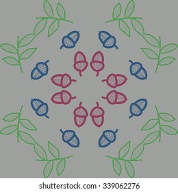 Circular   pattern  of floral  motifs, doodles,twigs,  leaves,acorns, waves. Hand drawn.