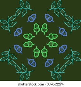 Circular   pattern  of floral  motifs, doodles,twigs,  leaves,acorns, waves. Hand drawn.