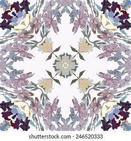 Circular pattern of floral motifs, irises  on a white  background. Hand drawn.