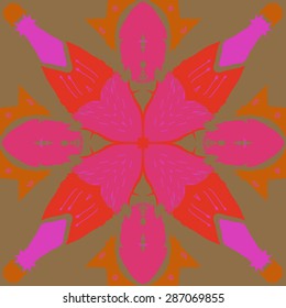 Circular  pattern of  floral motif,spots, stamens, doodles,stars, waves. Hand drawn.