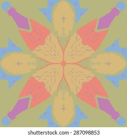 Circular  pattern of  floral motif,spots, stamens, doodles,stars, waves. Hand drawn.