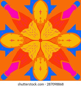 Circular  pattern of  floral motif,spots, stamens, doodles,stars, waves. Hand drawn.