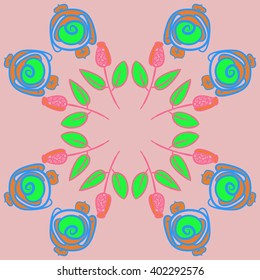 Circular pattern of floral motifs,stylized rosy, branches, leaves, spirals, copy space . Hand drawn.