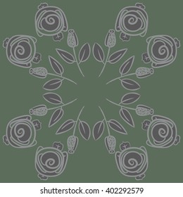 Circular pattern of floral motifs,stylized rosy, branches, leaves, spirals, copy space . Hand drawn.