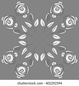 Circular pattern of floral motifs,stylized rosy, branches, leaves, spirals, copy space . Hand drawn.