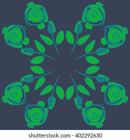 Circular pattern of floral motifs,stylized rosy, branches, leaves, spirals, copy space . Hand drawn.