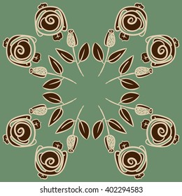 Circular pattern of floral motifs,stylized rosy, branches, leaves, spirals, copy space . Hand drawn.