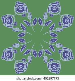 Circular pattern of floral motifs,stylized rosy, branches, leaves, spirals, copy space . Hand drawn.