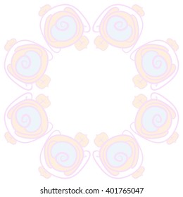 Circular pattern of floral motifs,stylized rosy,leaves,spiral, cope space. Hand drawn.