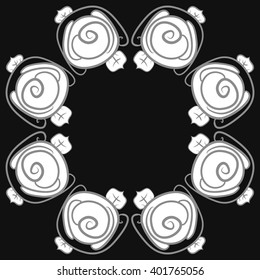 Circular pattern of floral motifs,stylized rosy,leaves,spiral, cope space. Hand drawn.