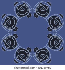 Circular pattern of floral motifs,stylized rosy,leaves,spiral, cope space. Hand drawn.