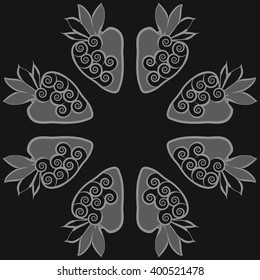 Circular  pattern of floral motif,strawberry, object,leaves, spirals,fruit, copy space. Hand drawn.