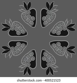 Circular  pattern of floral motif,strawberry, object,leaves, spirals,fruit, copy space. Hand drawn.