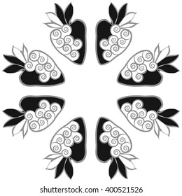 Circular  pattern of floral motif,strawberry, object,leaves, spirals,fruit, copy space. Hand drawn.