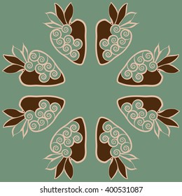 Circular  pattern of floral motif,strawberry, object,leaves, spirals,fruit, copy space. Hand drawn.