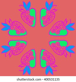 Circular  pattern of floral motif,strawberry, object,leaves, spirals,fruit, copy space. Hand drawn.