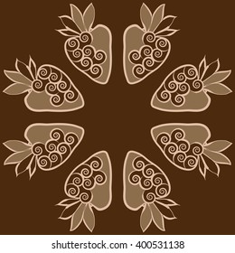 Circular  pattern of floral motif,strawberry, object,leaves, spirals,fruit, copy space. Hand drawn.