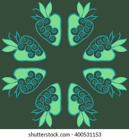 Circular  pattern of floral motif,strawberry, object,leaves, spirals,fruit, copy space. Hand drawn.