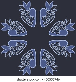 Circular  pattern of floral motif,strawberry, object,leaves, spirals,fruit, copy space. Hand drawn.