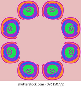 Circular pattern of floral motif,stylized flowers, spiral,  spots, copy space. Hand drawn.