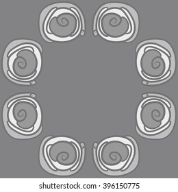 Circular pattern of floral motif,stylized flowers, spiral,  spots, copy space. Hand drawn.