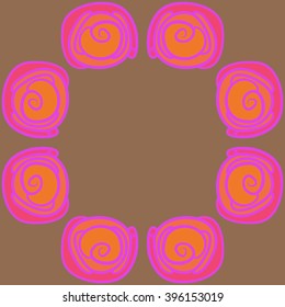 Circular pattern of floral motif,stylized flowers, spiral,  spots, copy space. Hand drawn.