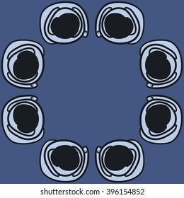 Circular pattern of floral motif,stylized flowers, spiral,  spots, copy space. Hand drawn.