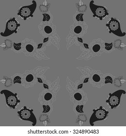 Circular  pattern  of floral and oriental motif, spirals, waves, spots, leaves, ellipses. Hand drawn.