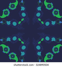 Circular  pattern  of floral and oriental motif, spirals, waves, spots, leaves, ellipses. Hand drawn.