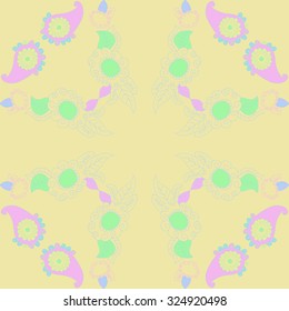 Circular  pattern  of floral and oriental motif, spirals, waves, spots, leaves, ellipses. Hand drawn.