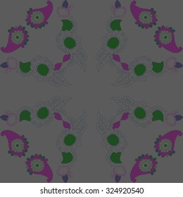 Circular  pattern  of floral and oriental motif, spirals, waves, spots, leaves, ellipses. Hand drawn.