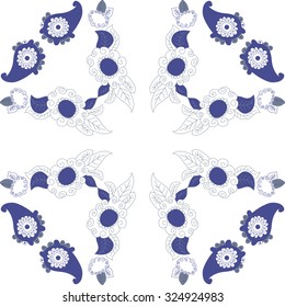 Circular  pattern  of floral and oriental motif, spirals, waves, spots, leaves, ellipses. Hand drawn.