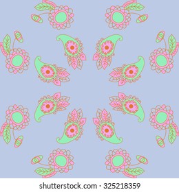 Circular  pattern  of floral and oriental motif, spirals, waves, spots, leaves, ellipses. Hand drawn.