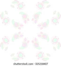 Circular  pattern  of floral and oriental motif, spirals, waves, spots, leaves, ellipses. Hand drawn.