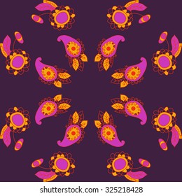 Circular  pattern  of floral and oriental motif, spirals, waves, spots, leaves, ellipses. Hand drawn.