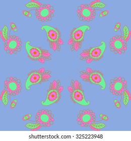 Circular  pattern  of floral and oriental motif, spirals, waves, spots, leaves, ellipses. Hand drawn.