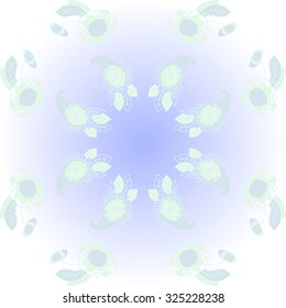 Circular  pattern  of floral and oriental motif, spirals, waves, spots, leaves, ellipses. Hand drawn.