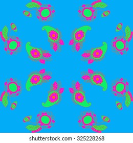 Circular  pattern  of floral and oriental motif, spirals, waves, spots, leaves, ellipses. Hand drawn.