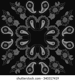 Circular  pattern  of  floral oriental  motifs, doodles, spirals, leaves . Hand drawn.